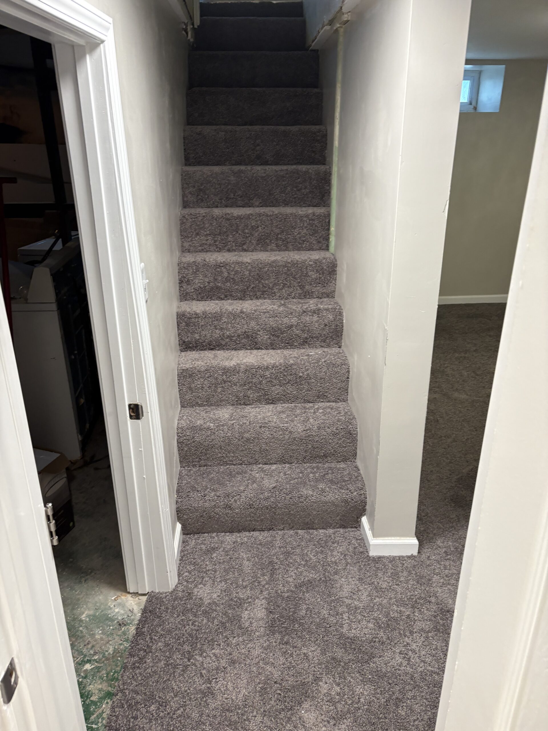 Carpeted stairs lead upward from a narrow basement hallway with gray walls and carpet, and doorways on both sides of the hall.