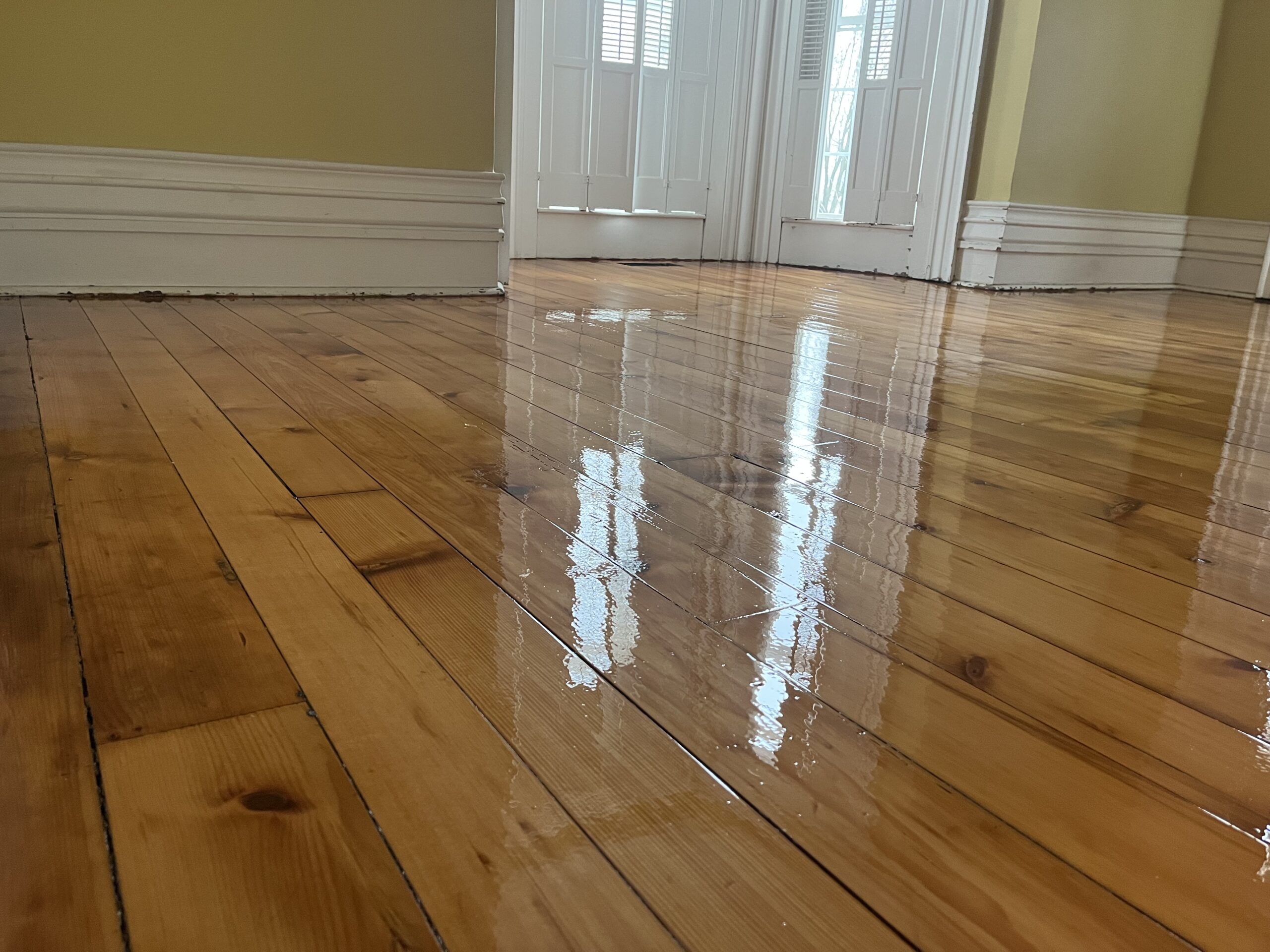 A room with freshly refinished hardwood floors, showing a glossy, wet surface and reflections of doors and walls.