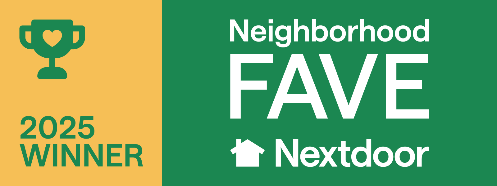 A green and yellow graphic featuring a trophy icon, "2025 Winner," and "Neighborhood FAVE Nextdoor" with a house symbol—highlighting top flooring contractor recognition.